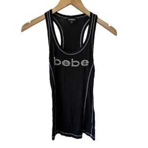 Bebe Y2K Women's Signature Swarovski Crystals Logo Ribbed Scoop Neck Tank Top M